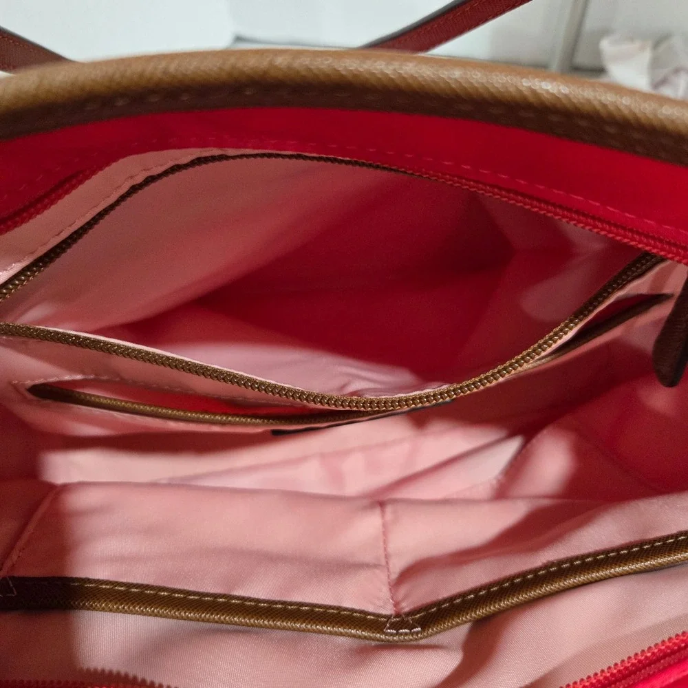 Michael Kors Polly Tote Bag Watermelon Coral Red Nylon Tan Leather Trim